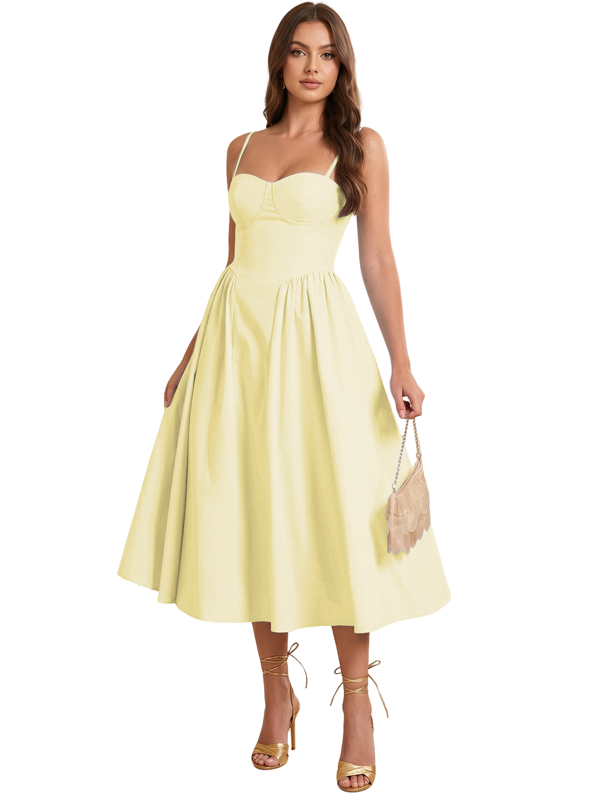 Sweetheart Spaghetti Strap Midi A-Line Bridesmaid Dress with Lace-Up Back