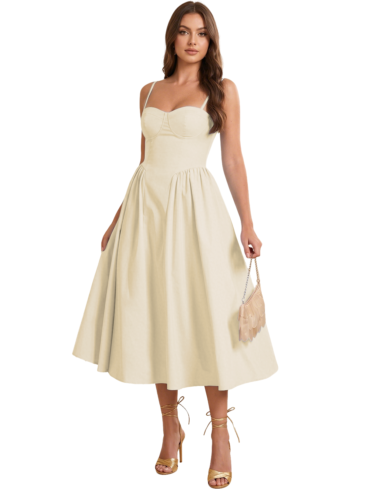 Sweetheart Spaghetti Strap Midi A-Line Bridesmaid Dress with Lace-Up Back