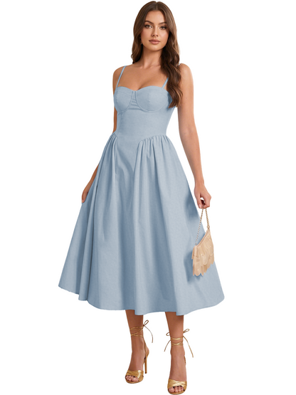Sweetheart Spaghetti Strap Midi A-Line Bridesmaid Dress with Lace-Up Back