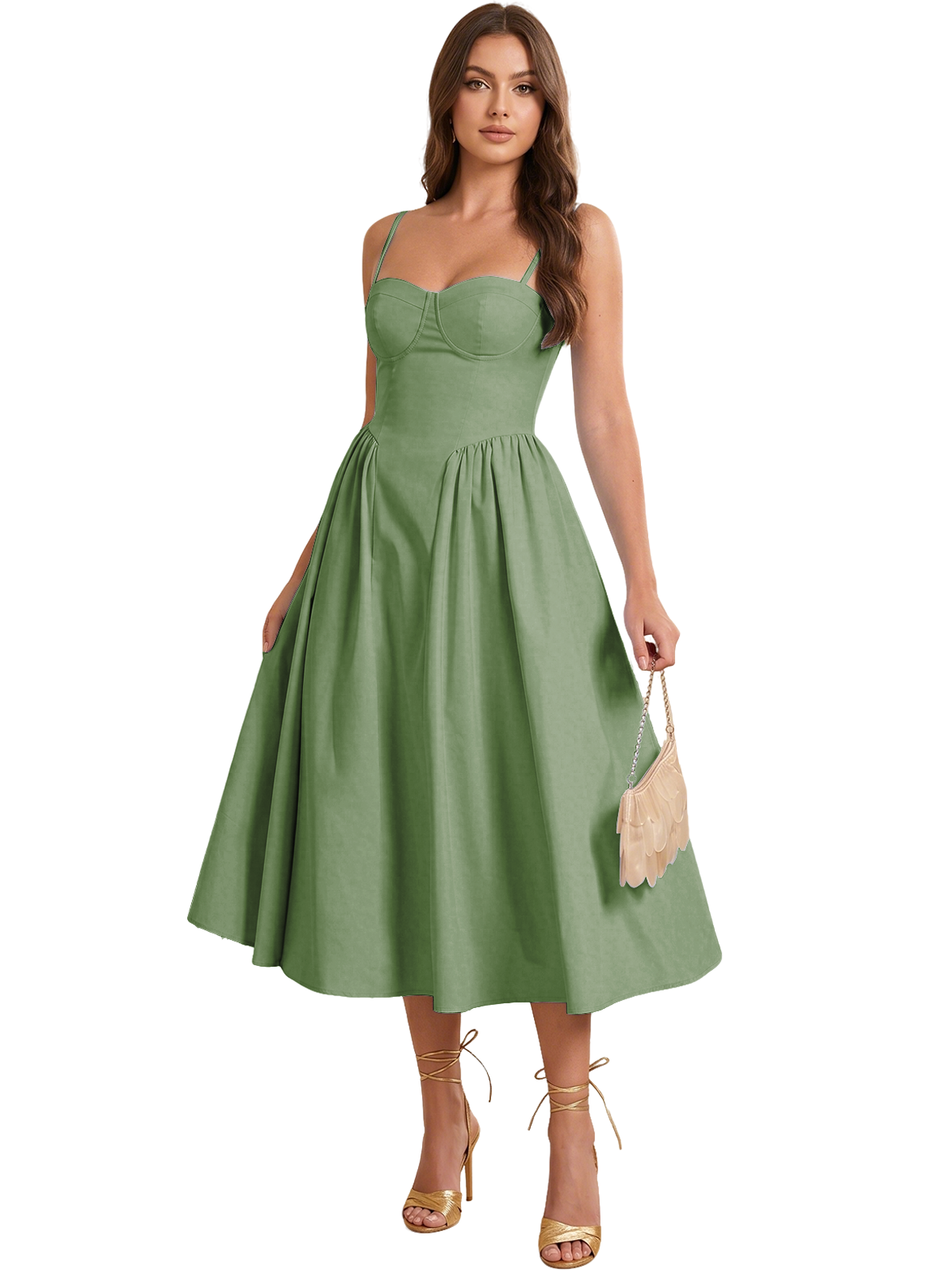 Sweetheart Spaghetti Strap Midi A-Line Bridesmaid Dress with Lace-Up Back