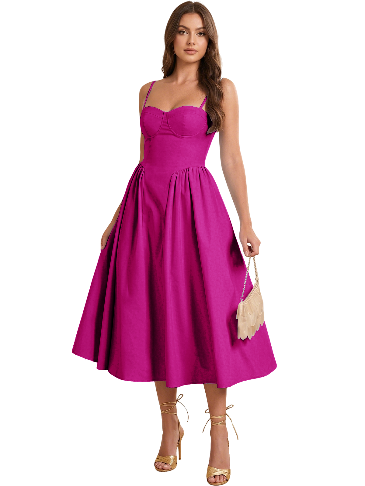 Sweetheart Spaghetti Strap Midi A-Line Bridesmaid Dress with Lace-Up Back