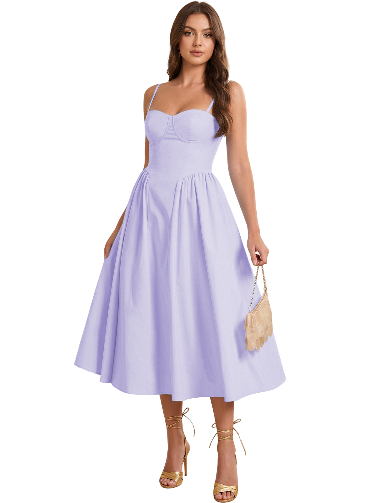 Sweetheart Spaghetti Strap Midi A-Line Bridesmaid Dress with Lace-Up Back