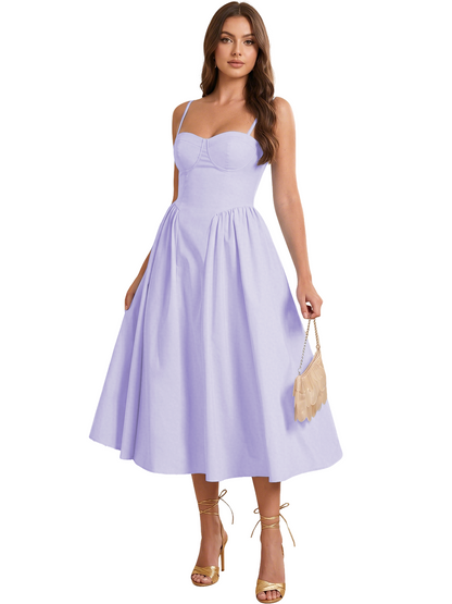 Sweetheart Spaghetti Strap Midi A-Line Bridesmaid Dress with Lace-Up Back