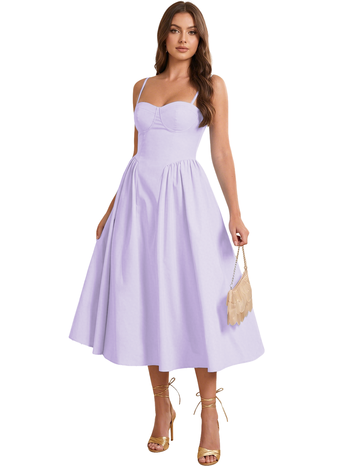 Sweetheart Spaghetti Strap Midi A-Line Bridesmaid Dress with Lace-Up Back
