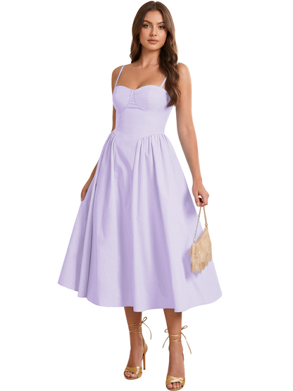 Sweetheart Spaghetti Strap Midi A-Line Bridesmaid Dress with Lace-Up Back