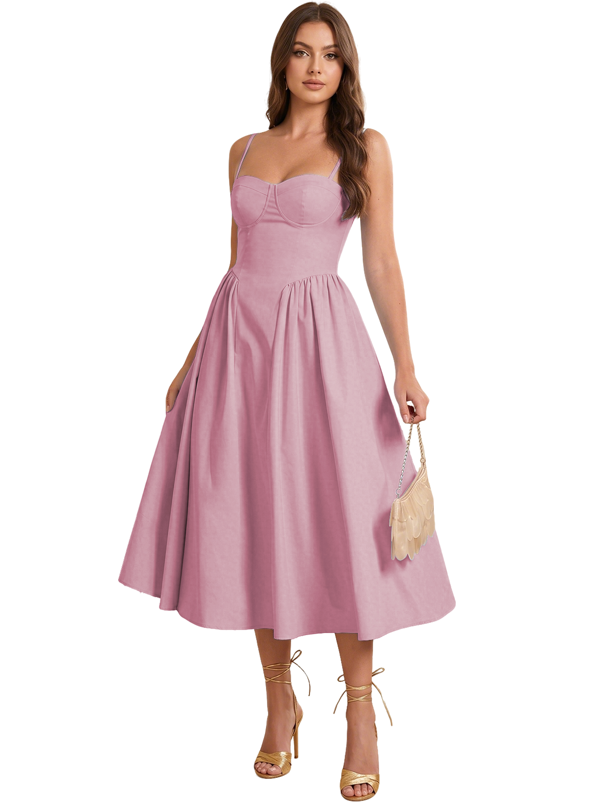 Sweetheart Spaghetti Strap Midi A-Line Bridesmaid Dress with Lace-Up Back