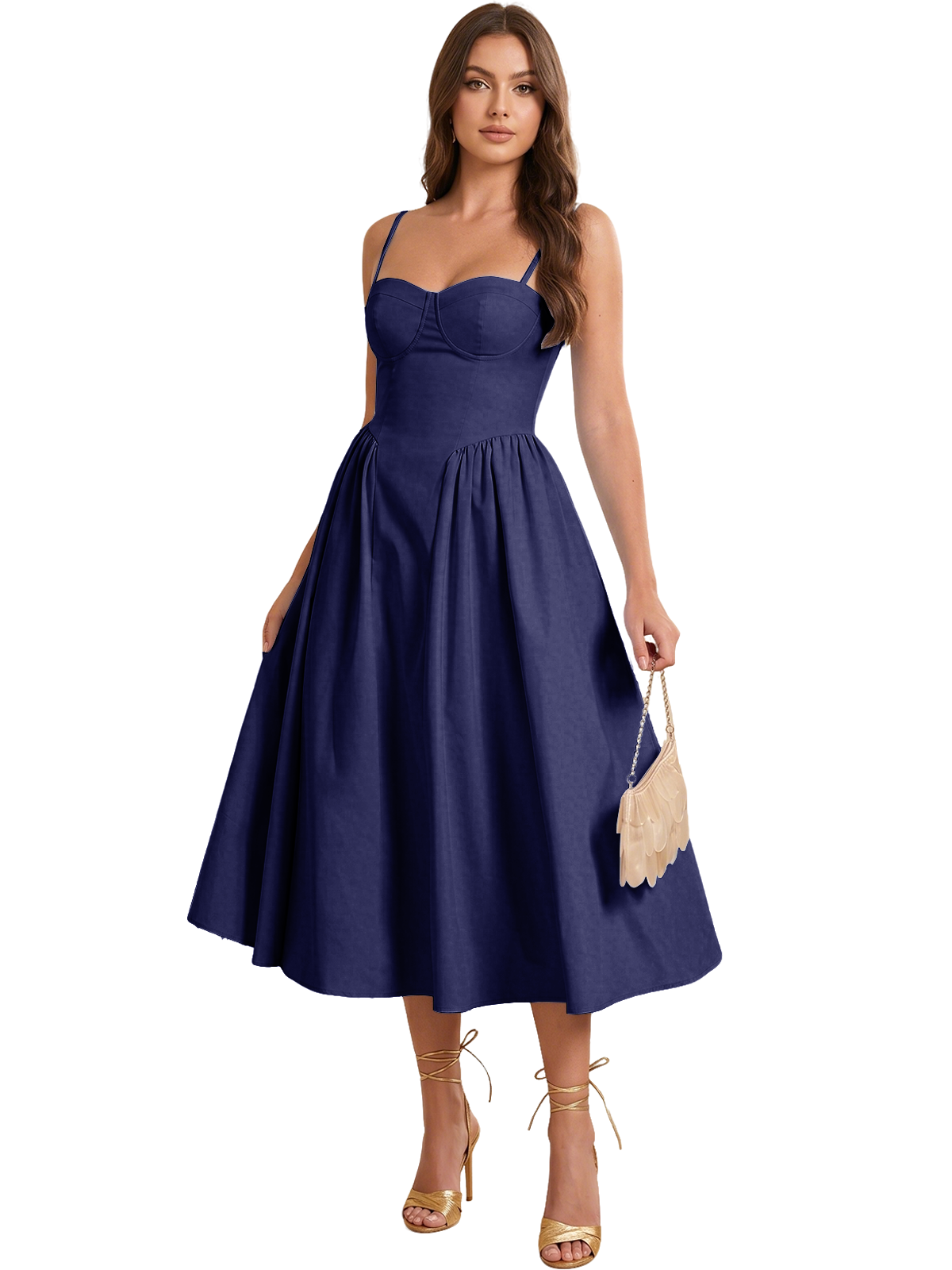 Sweetheart Spaghetti Strap Midi A-Line Bridesmaid Dress with Lace-Up Back