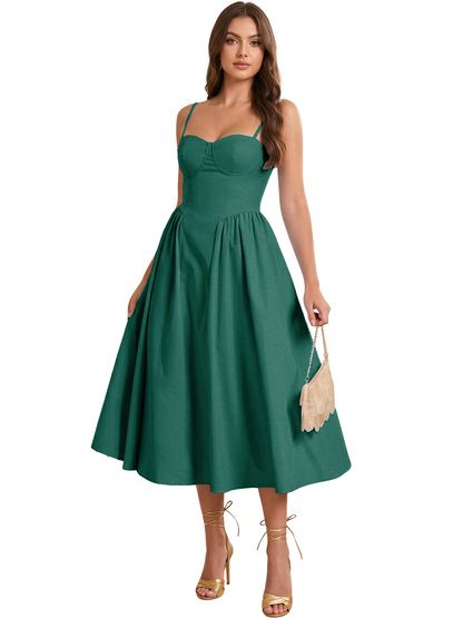 Sweetheart Spaghetti Strap Midi A-Line Bridesmaid Dress with Lace-Up Back