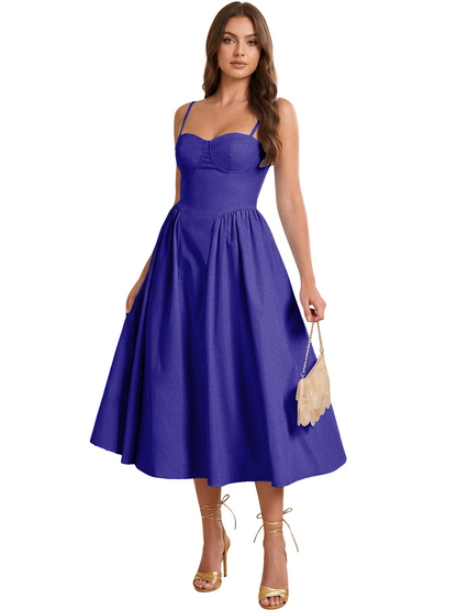 Sweetheart Spaghetti Strap Midi A-Line Bridesmaid Dress with Lace-Up Back