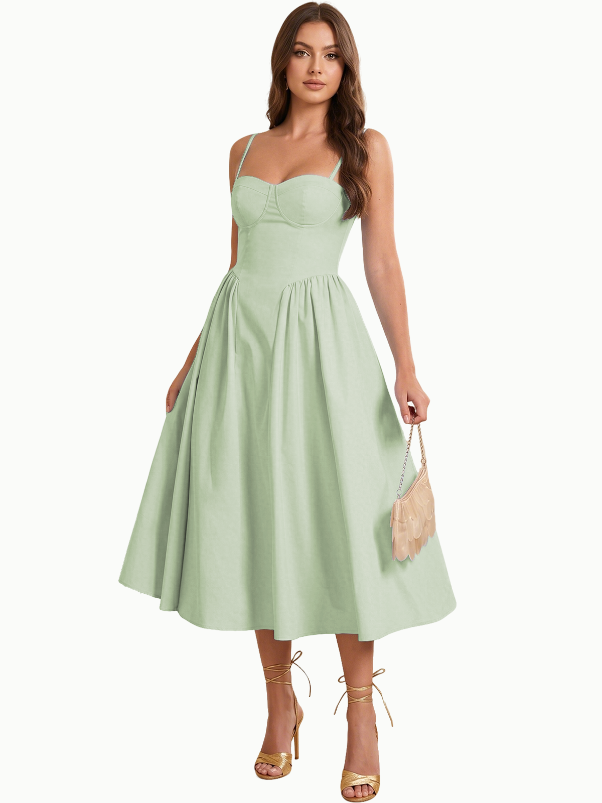 Sweetheart Spaghetti Strap Midi A-Line Bridesmaid Dress with Lace-Up Back