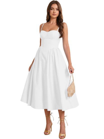 Sweetheart Spaghetti Strap Midi A-Line Bridesmaid Dress with Lace-Up Back