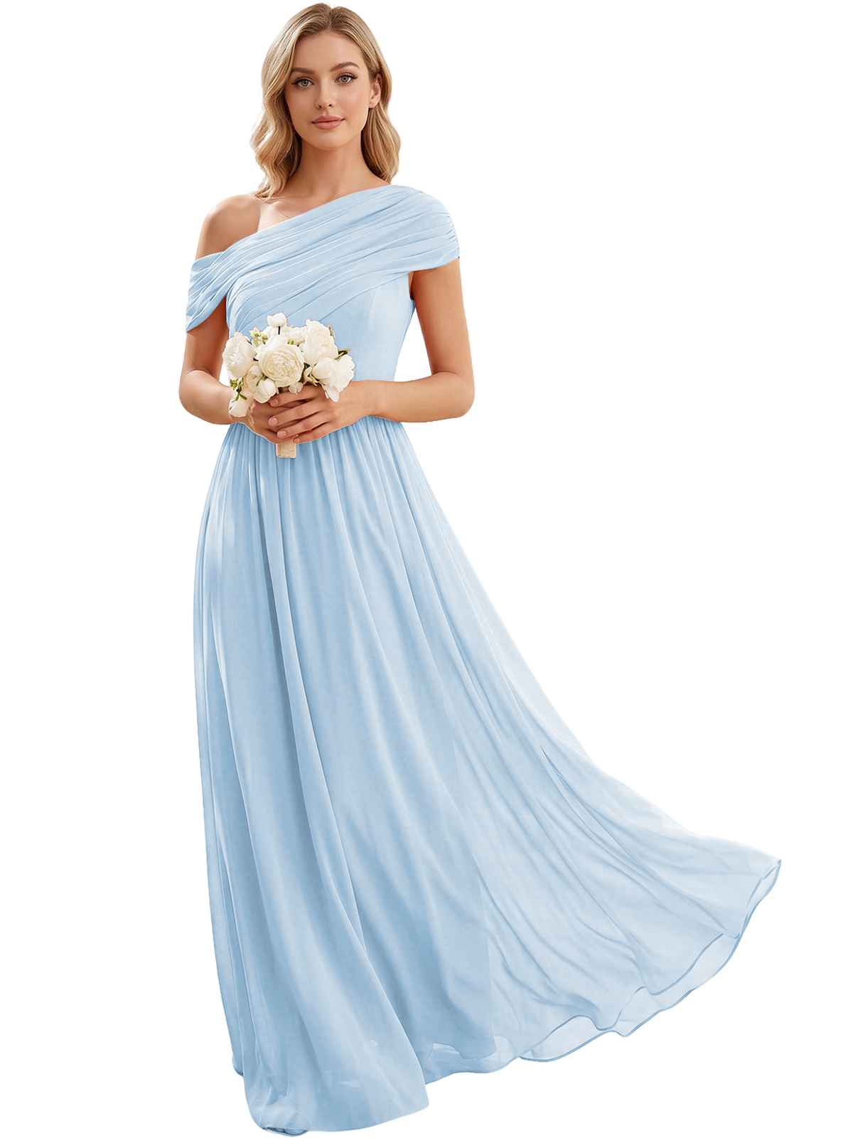 Ruched Off the Shoulder Chiffon A-Line Bridesmaid Dress with Lace-up Back