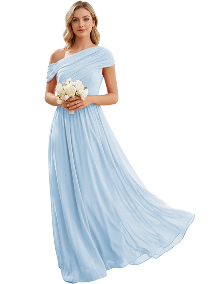 Ruched Off the Shoulder Chiffon A-Line Bridesmaid Dress with Lace-up Back