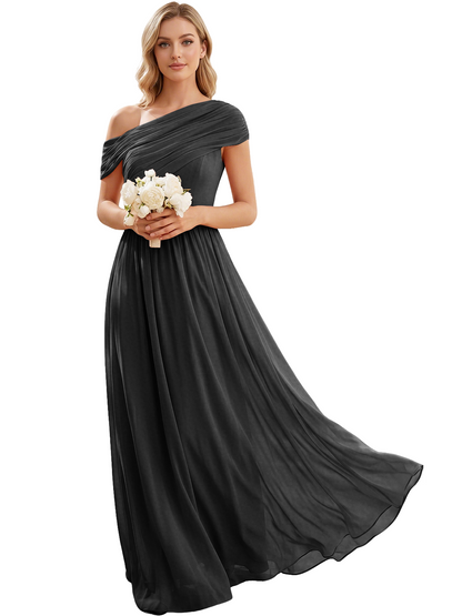 Ruched Off the Shoulder Chiffon A-Line Bridesmaid Dress with Lace-up Back