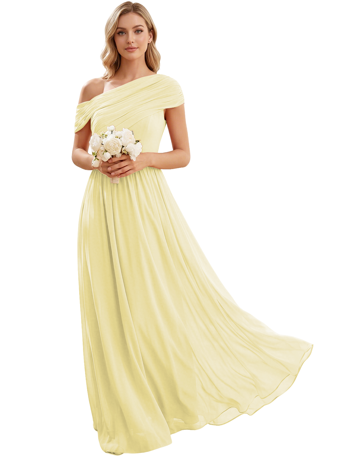 Ruched Off the Shoulder Chiffon A-Line Bridesmaid Dress with Lace-up Back