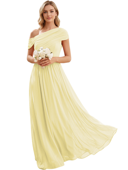 Ruched Off the Shoulder Chiffon A-Line Bridesmaid Dress with Lace-up Back