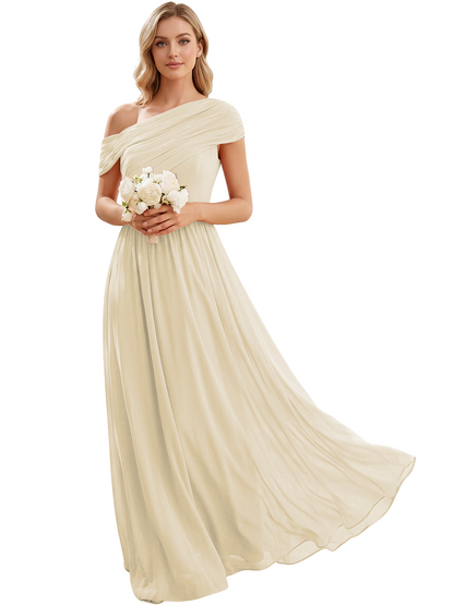 Ruched Off the Shoulder Chiffon A-Line Bridesmaid Dress with Lace-up Back
