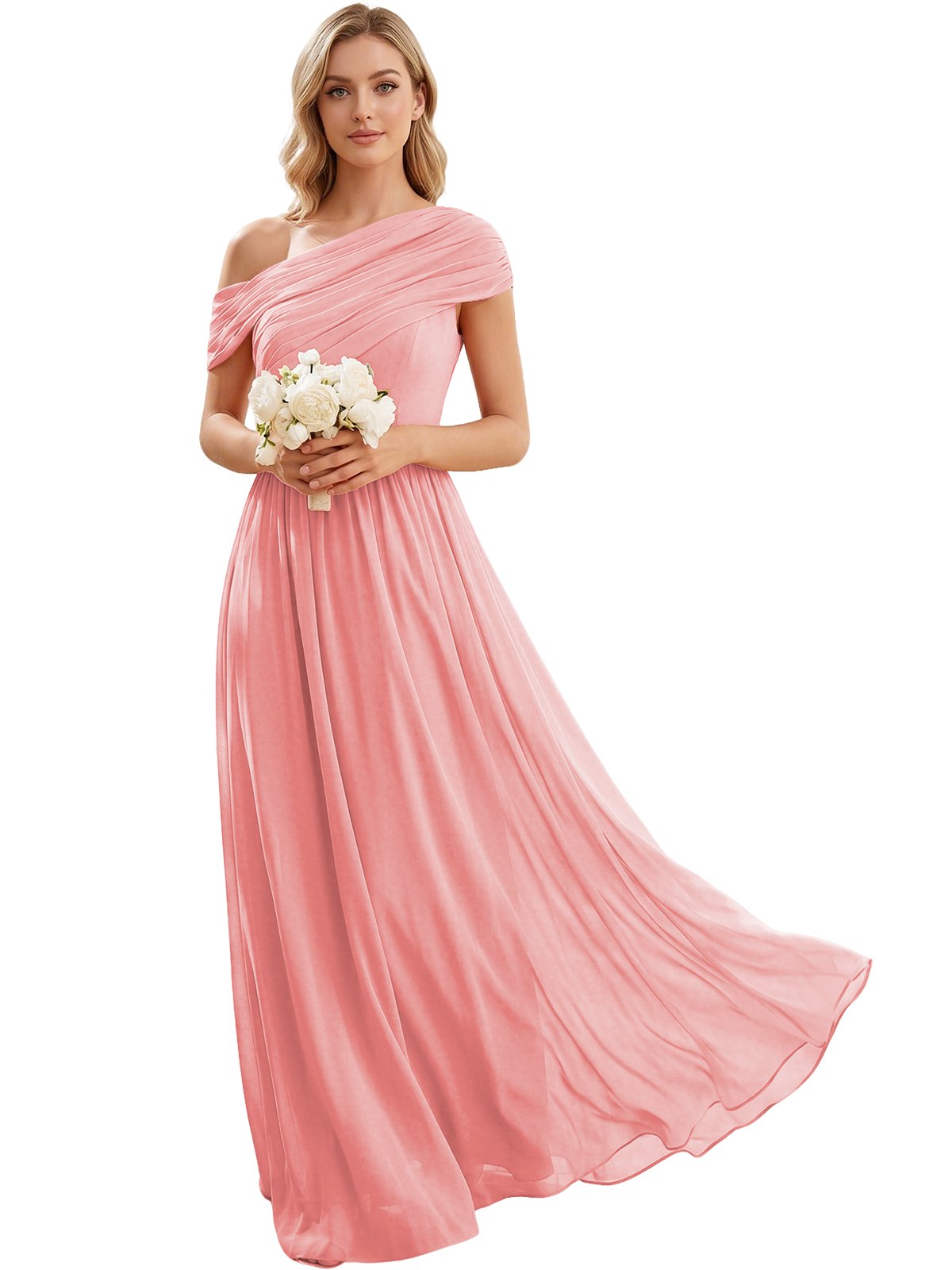 Ruched Off the Shoulder Chiffon A-Line Bridesmaid Dress with Lace-up Back