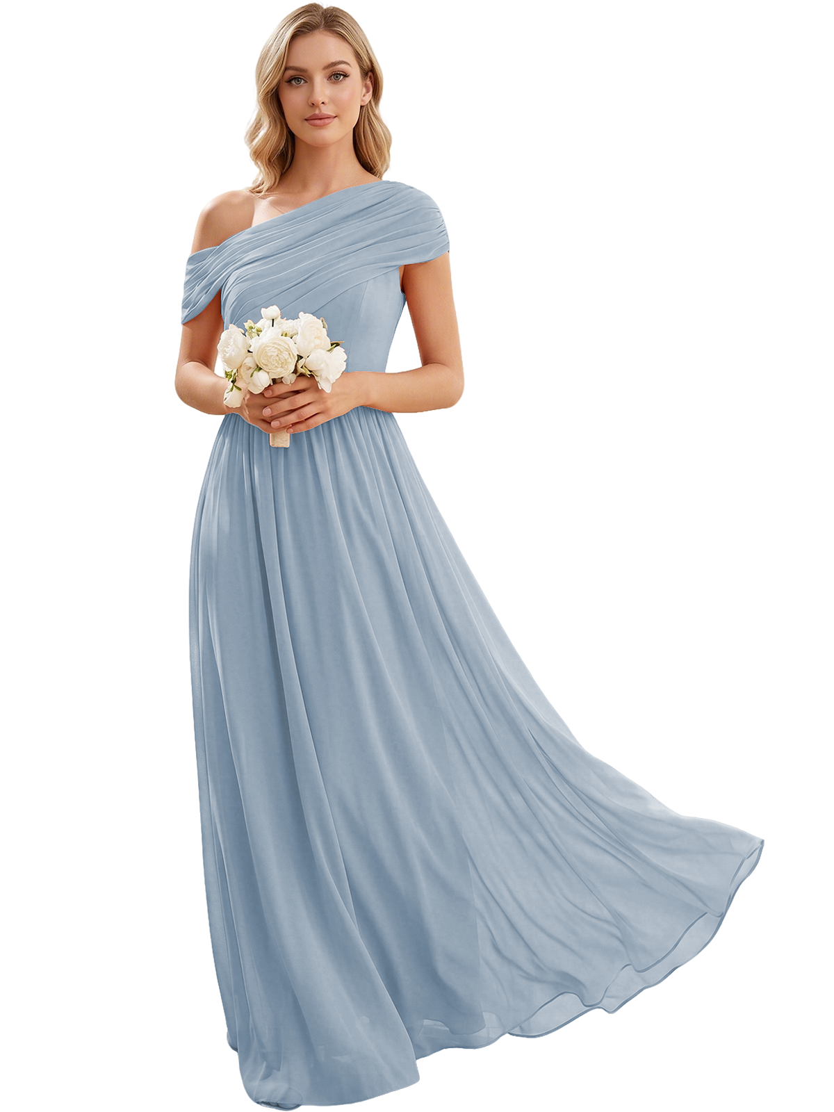 Ruched Off the Shoulder Chiffon A-Line Bridesmaid Dress with Lace-up Back