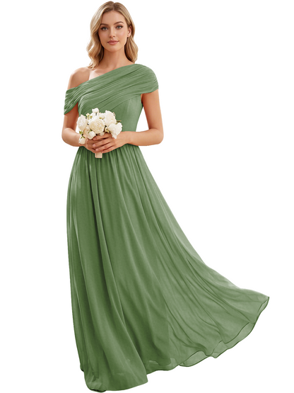 Ruched Off the Shoulder Chiffon A-Line Bridesmaid Dress with Lace-up Back