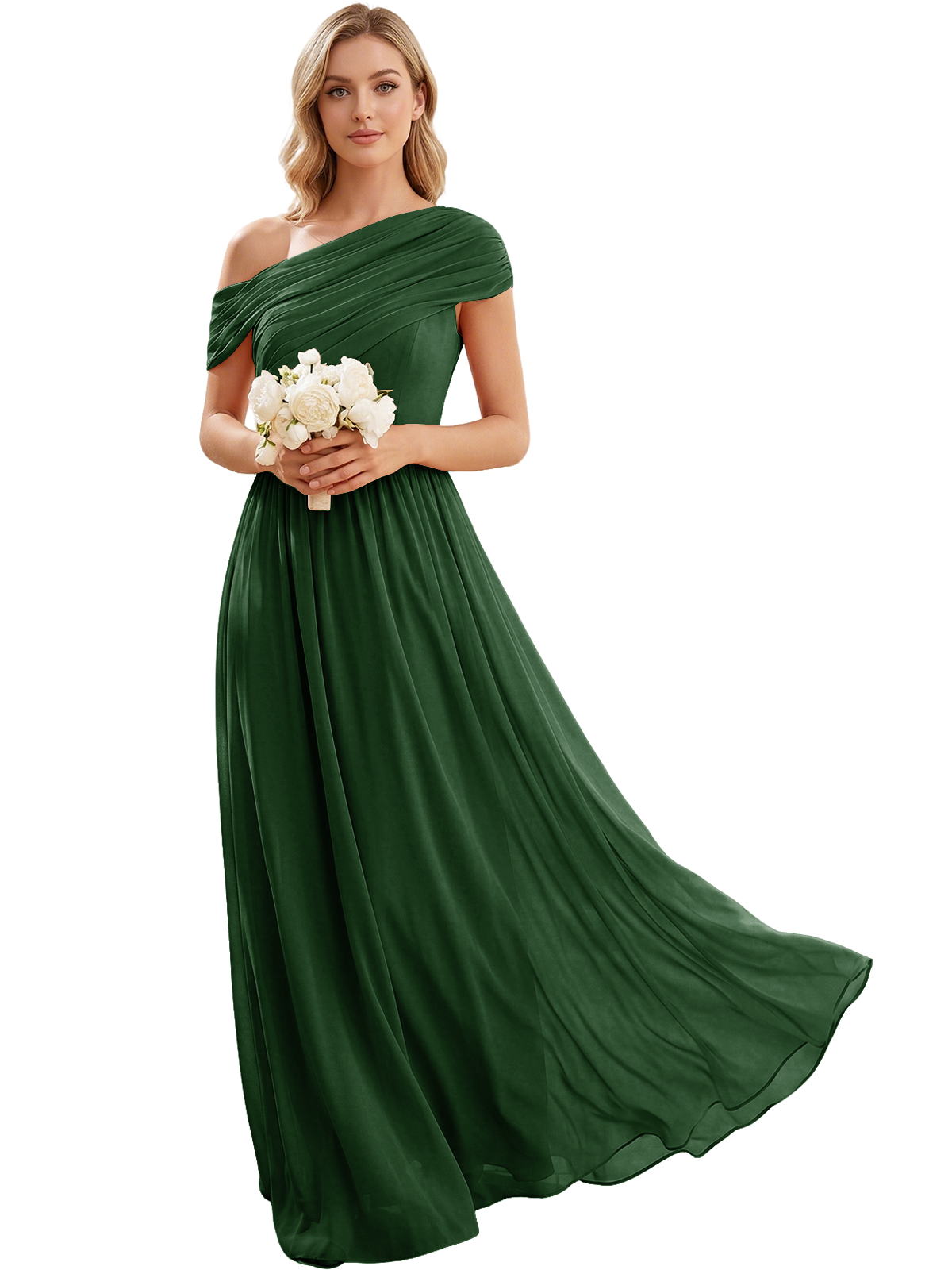 Ruched Off the Shoulder Chiffon A-Line Bridesmaid Dress with Lace-up Back