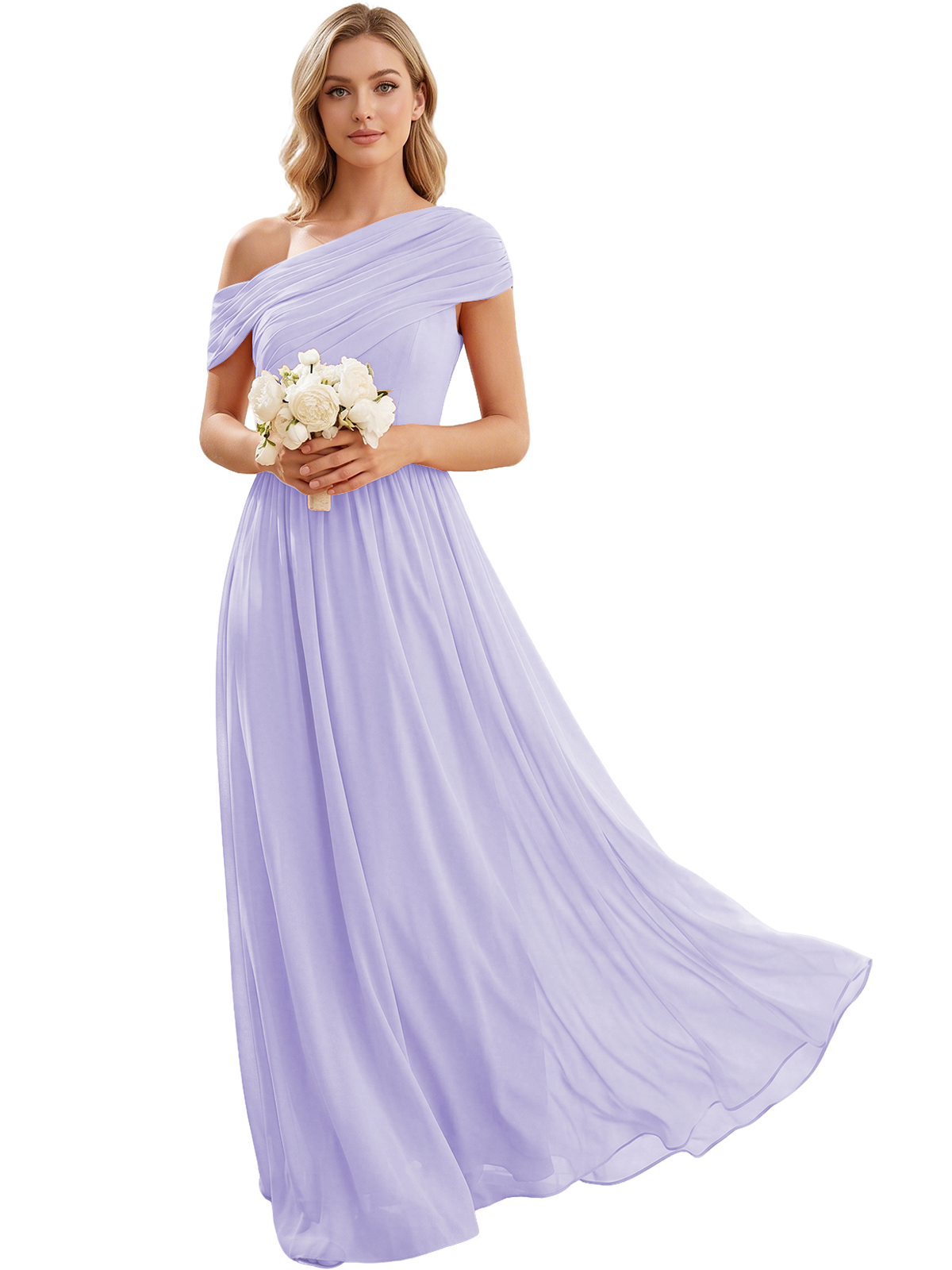 Ruched Off the Shoulder Chiffon A-Line Bridesmaid Dress with Lace-up Back