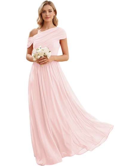 Ruched Off the Shoulder Chiffon A-Line Bridesmaid Dress with Lace-up Back