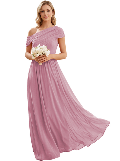 Ruched Off the Shoulder Chiffon A-Line Bridesmaid Dress with Lace-up Back