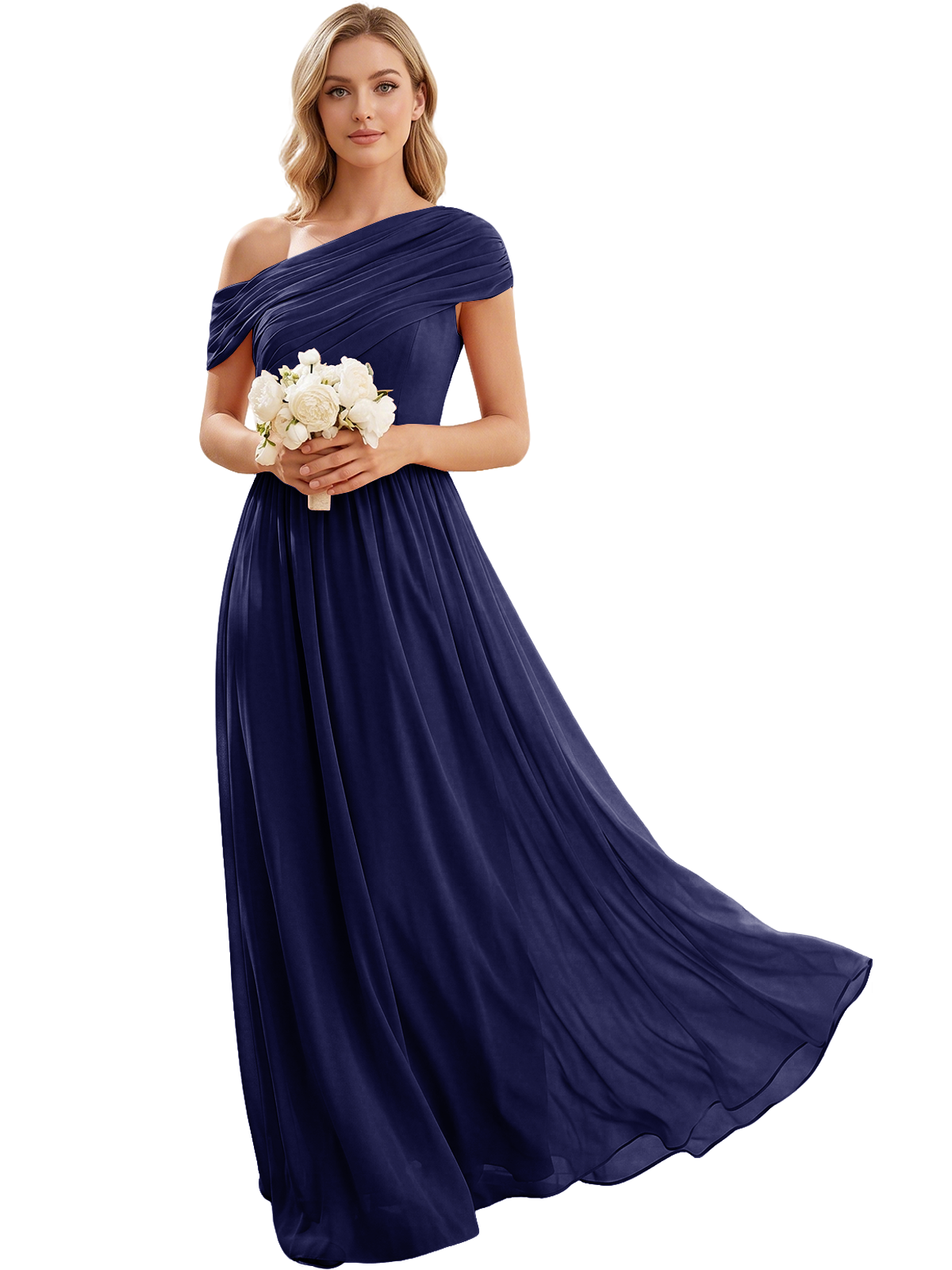 Ruched Off the Shoulder Chiffon A-Line Bridesmaid Dress with Lace-up Back