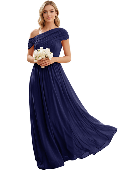 Ruched Off the Shoulder Chiffon A-Line Bridesmaid Dress with Lace-up Back