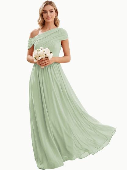 Ruched Off the Shoulder Chiffon A-Line Bridesmaid Dress with Lace-up Back