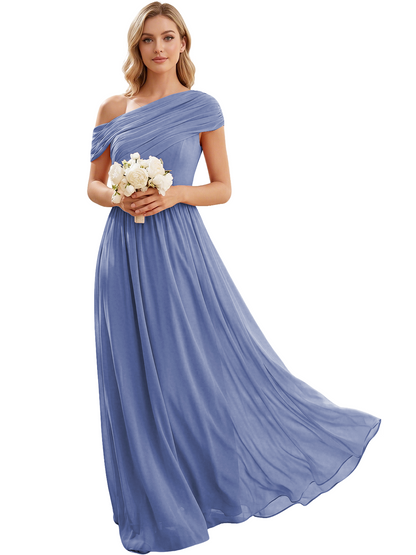Ruched Off the Shoulder Chiffon A-Line Bridesmaid Dress with Lace-up Back