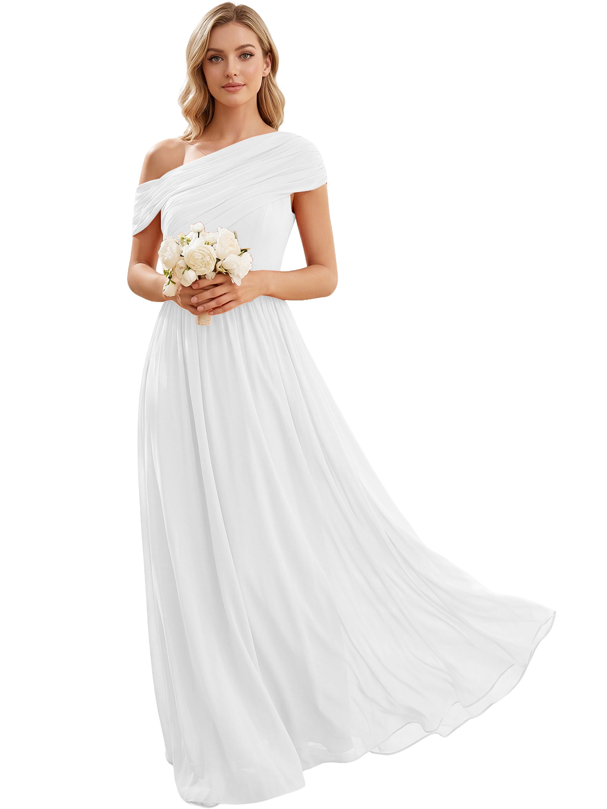 Ruched Off the Shoulder Chiffon A-Line Bridesmaid Dress with Lace-up Back