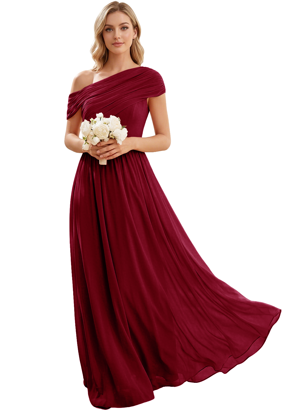 Ruched Off the Shoulder Chiffon A-Line Bridesmaid Dress with Lace-up Back