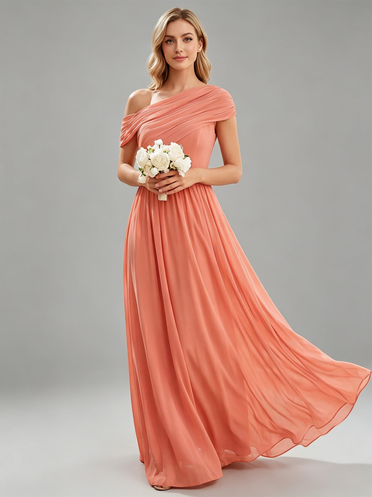 ruched off the shoulder chiffon bridesmaid dress