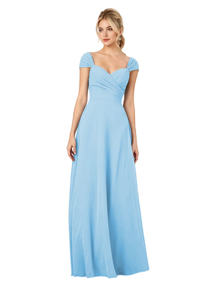 Pleated Off the Shoulder Chiffon A-Line Bridesmaid Dress with Lace-Up Back