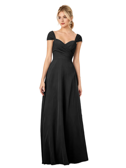 Pleated Off the Shoulder Chiffon A-Line Bridesmaid Dress with Lace-Up Back