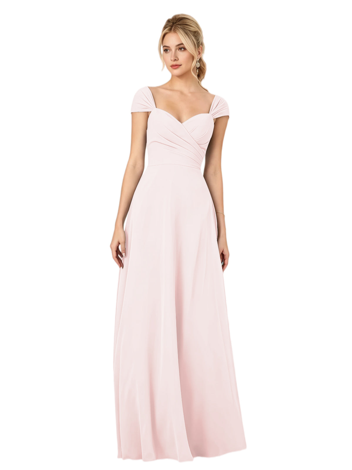 Pleated Off the Shoulder Chiffon A-Line Bridesmaid Dress with Lace-Up Back