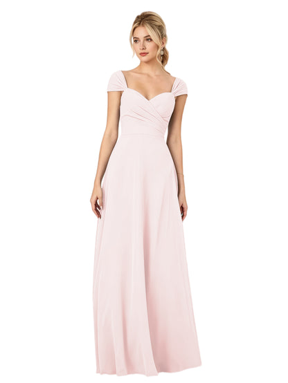 Pleated Off the Shoulder Chiffon A-Line Bridesmaid Dress with Lace-Up Back