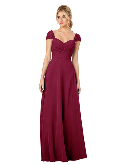 Pleated Off the Shoulder Chiffon A-Line Bridesmaid Dress with Lace-Up Back