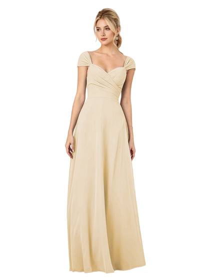 Pleated Off the Shoulder Chiffon A-Line Bridesmaid Dress with Lace-Up Back