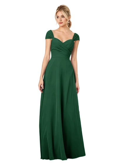 Pleated Off the Shoulder Chiffon A-Line Bridesmaid Dress with Lace-Up Back