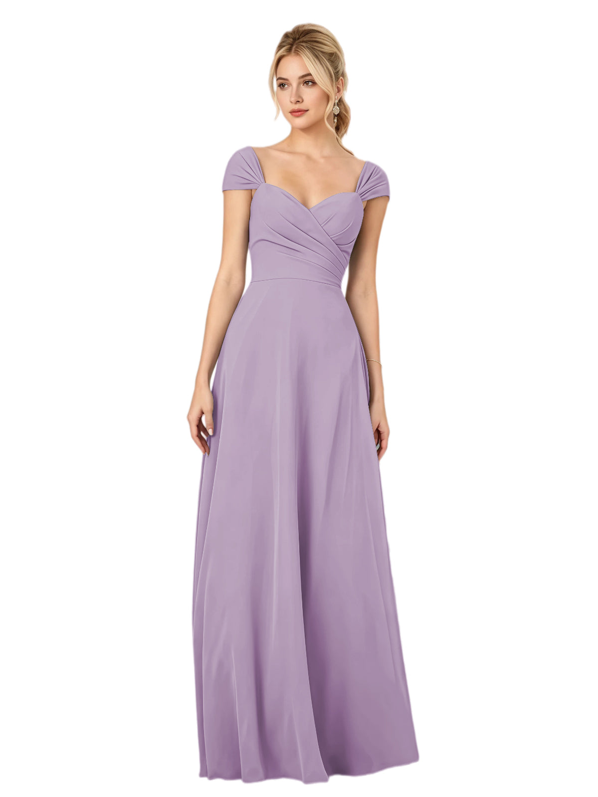 Pleated Off the Shoulder Chiffon A-Line Bridesmaid Dress with Lace-Up Back