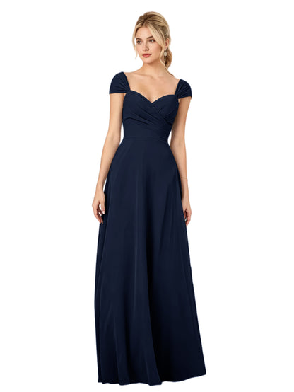 Pleated Off the Shoulder Chiffon A-Line Bridesmaid Dress with Lace-Up Back