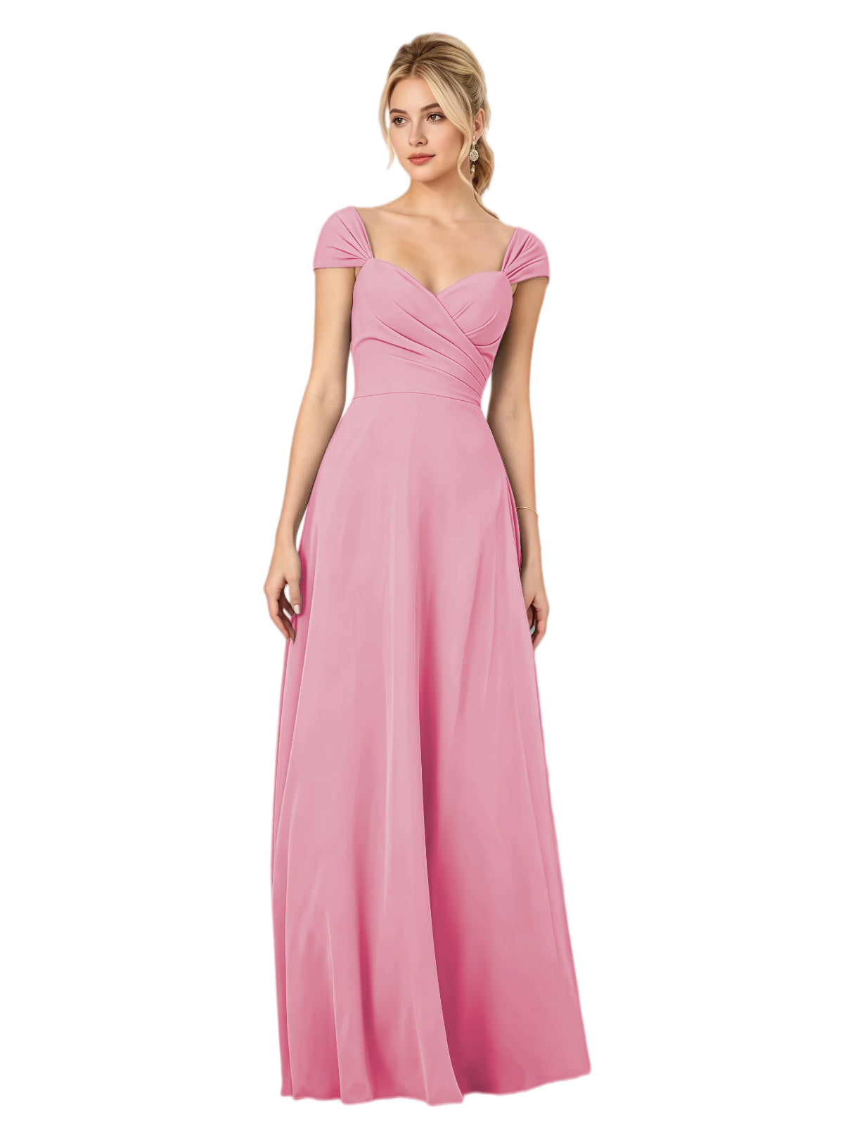 Pleated Off the Shoulder Chiffon A-Line Bridesmaid Dress with Lace-Up Back