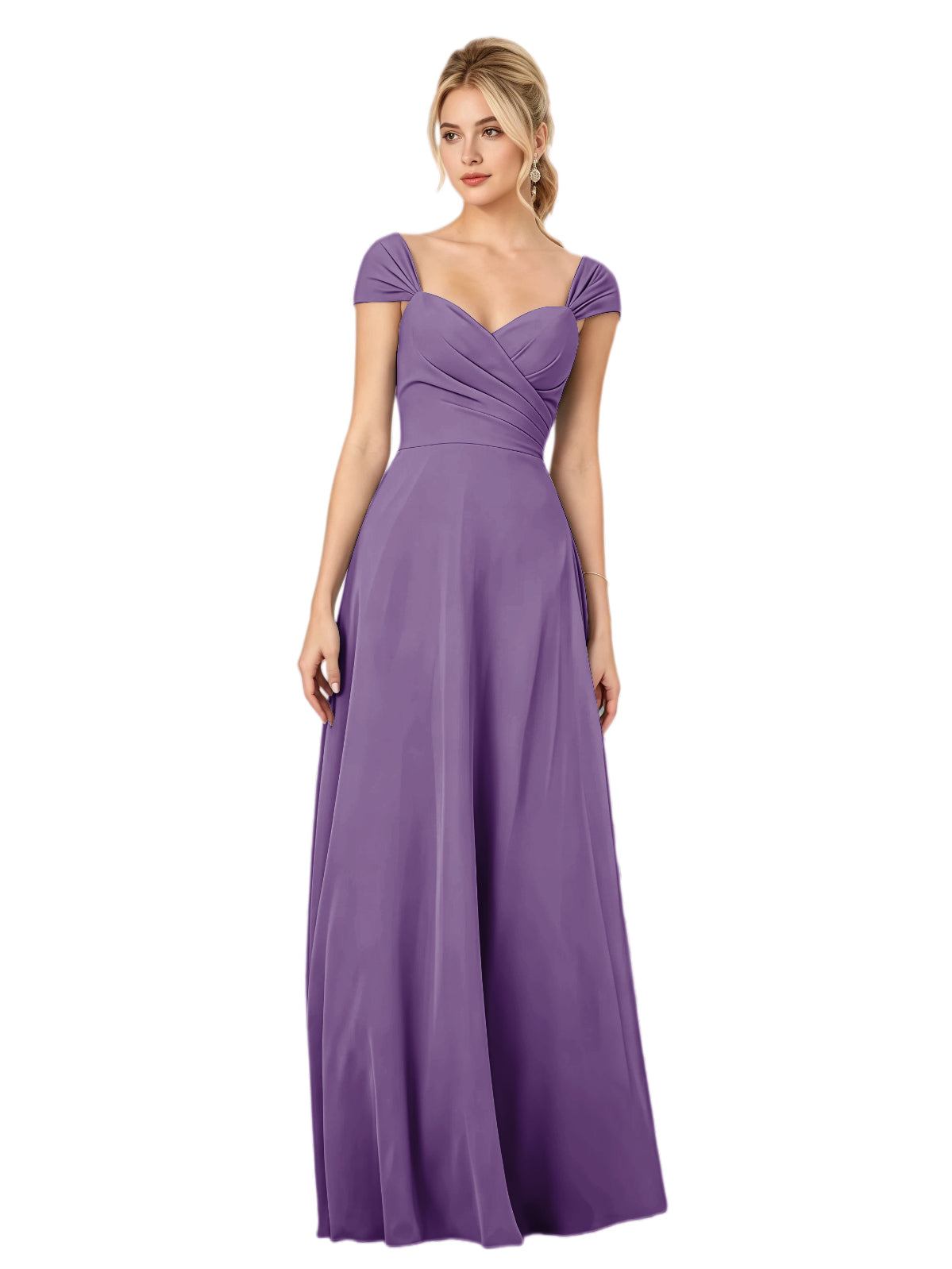 Pleated Off the Shoulder Chiffon A-Line Bridesmaid Dress with Lace-Up Back