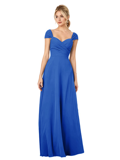 Pleated Off the Shoulder Chiffon A-Line Bridesmaid Dress with Lace-Up Back