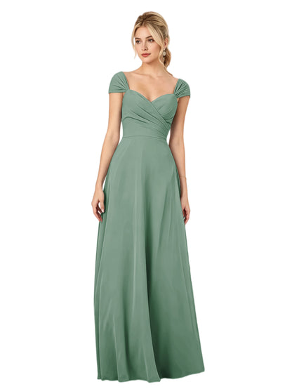 Pleated Off the Shoulder Chiffon A-Line Bridesmaid Dress with Lace-Up Back