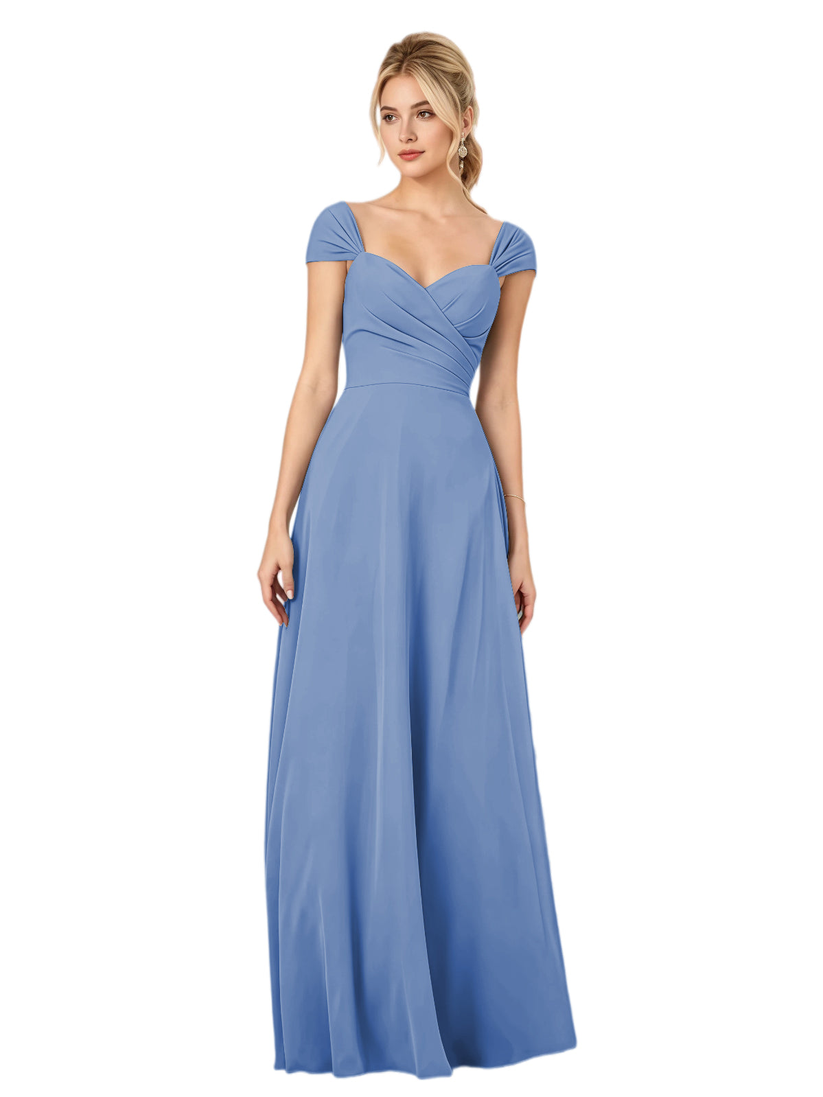 Pleated Off the Shoulder Chiffon A-Line Bridesmaid Dress with Lace-Up Back
