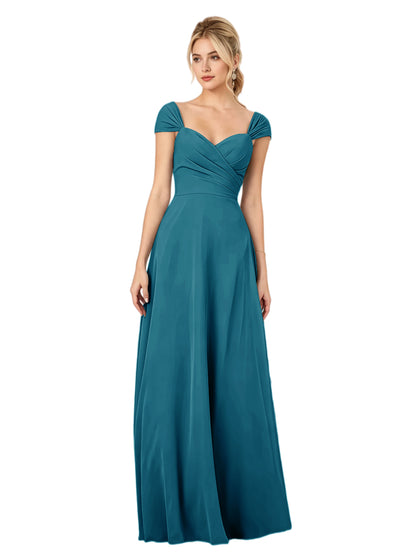Pleated Off the Shoulder Chiffon A-Line Bridesmaid Dress with Lace-Up Back